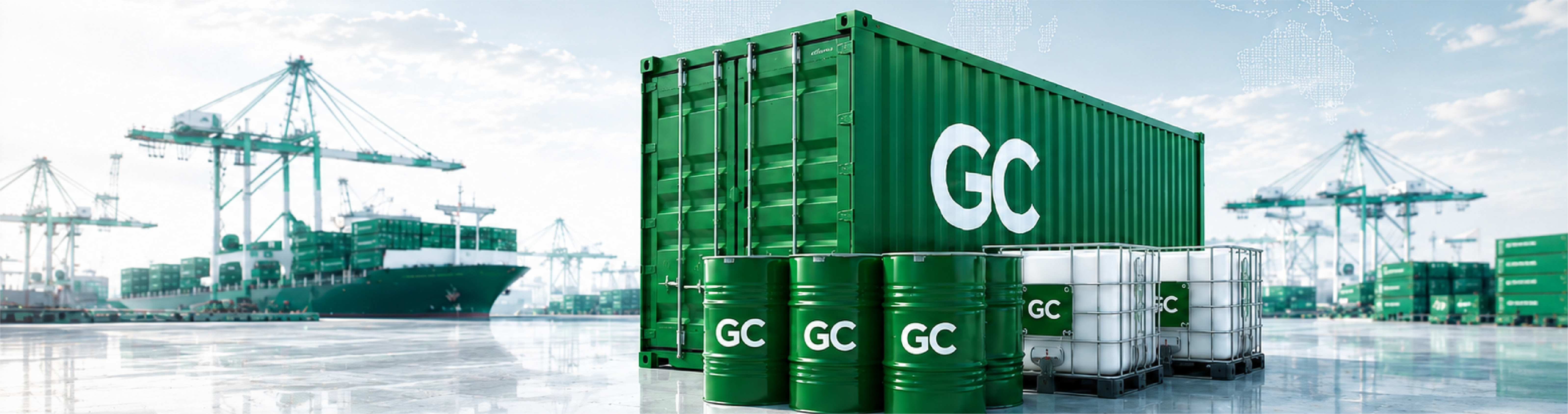 GreenChem containers and IBCs at an industrial shipping port